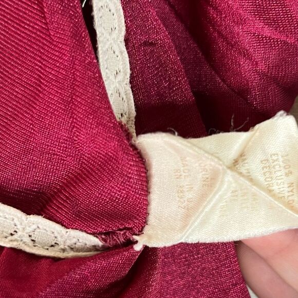 Vintage Burgundy Wine Coquette Dainty Prairie Milkmaid Nylon Nightgown Dress L - Picture 11 of 11